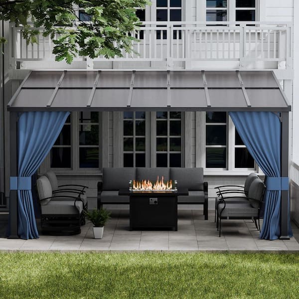 10 ft. x 14 ft. Gray Hardtop Sloping Pitched Roof Wall-Mounted Gazebo With Curtain And Netting, Navy Blue