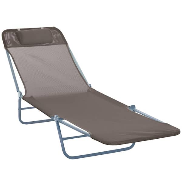 Sudzendf Brown Foldable Steel Outdoor Lounge Chair with Pillow and Adjustable Backrest