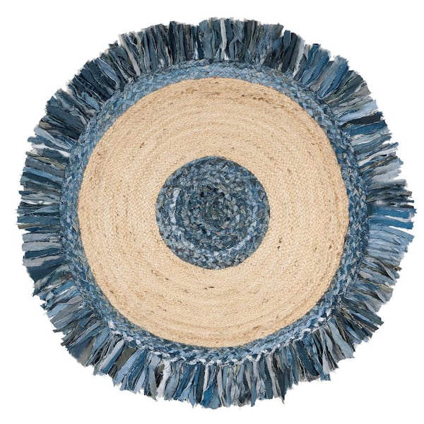 SAFAVIEH Cape Cod Ivory/Denim Doormat 3 ft. x 3 ft. Round Gradient Border Area Rug