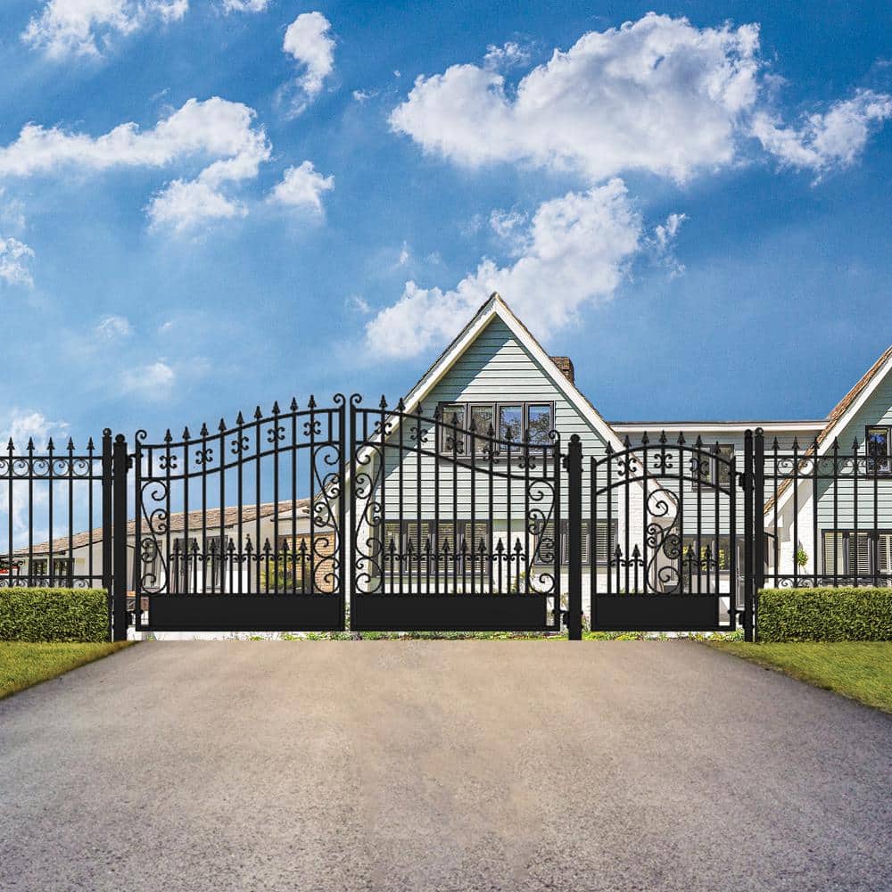 Venice Style Black Steel Dual Driveway Gate with Pedestrian Gate