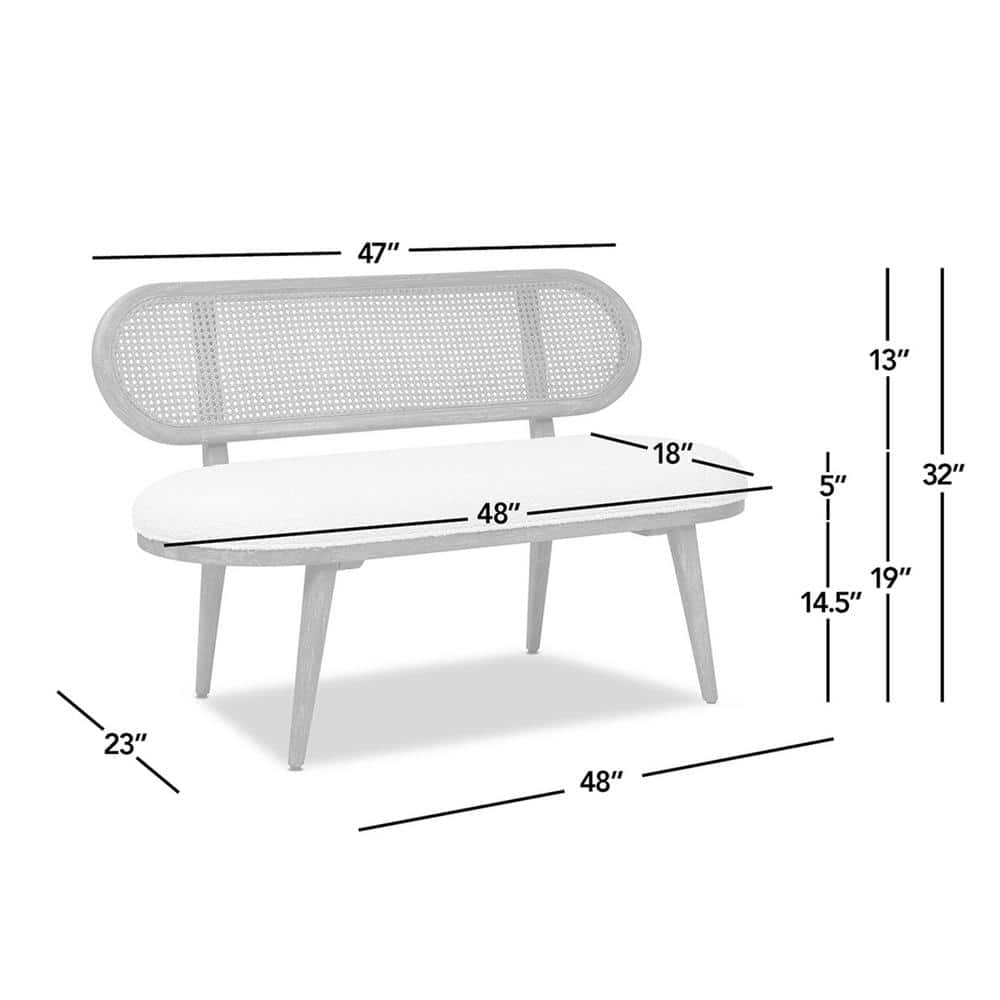 Havana 50" Cane Rattan Upholstered Bench with Ivory Boucle