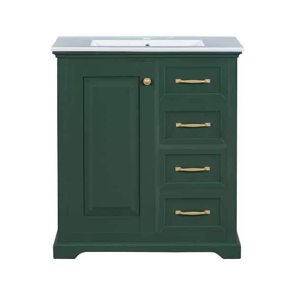 EPOWP 30 in. W x 18.3 in. D x 34 in. H Single Sink Freestanding Bath Vanity in Green with White Ceramic Top and Storage