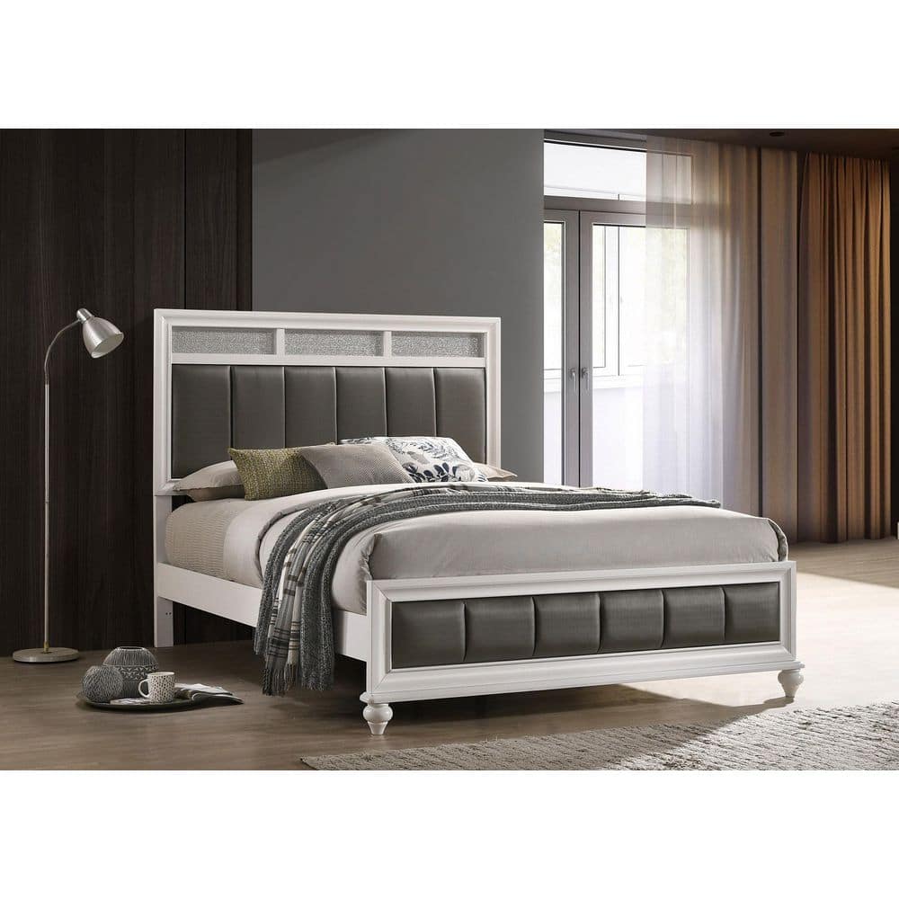 Gray and White Faux Leather Queen Upholstered Bed with Tufted Headboard