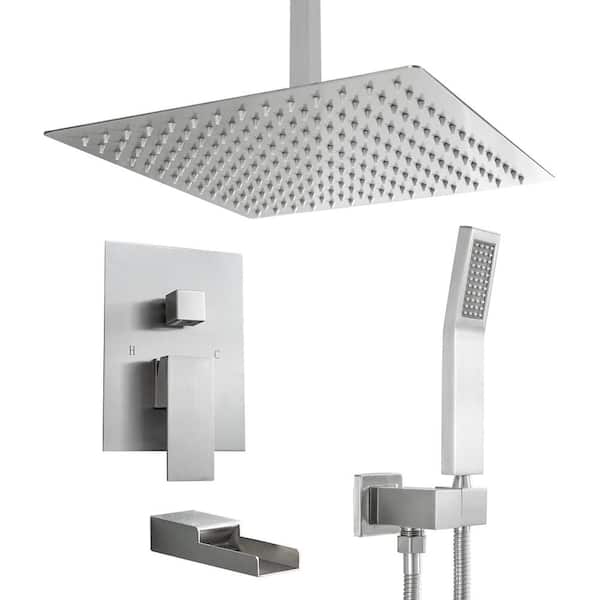 LORDEAR 3-Spray Dual 16 in. Ceiling Mount Fixed and Handheld Shower Head 1.8 GPM Shower System with Tub Faucet in Brushed Nickel