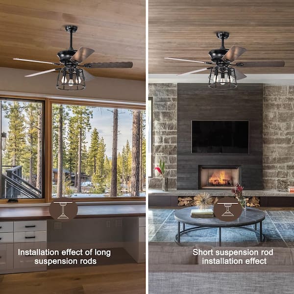 Sunpez 52 in. Indoor Black Farmhouse Ceiling Fan with Light and Remote Control, 3xE26, No Bulb
