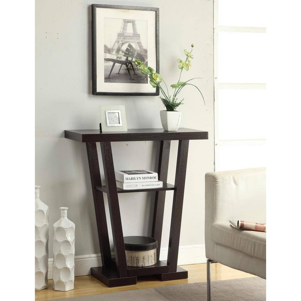 Espresso Wood V-Shape Console Table with Storage Shelves