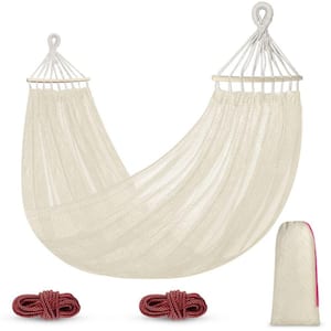 9.5 ft. Portable Breathable Mesh Nylon Hammock Bed with Balance Beam, Tree Ropes and Storage Bag in White