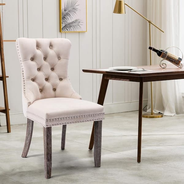 Forclover Beige Velvet Upholstered, Nailhead Dining Chairs And Table
