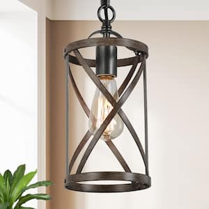 Modern Cage Chandelier Pendant Light Firefly 1-Light Farmhouse Bronze Drum Pendant Light with Wood Accent