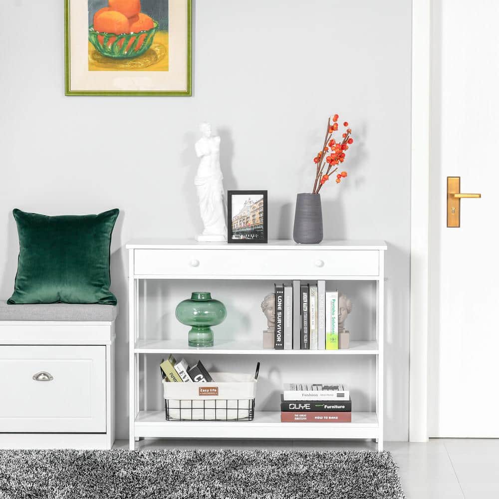 White Wood Console Table with Drawer and Shelves