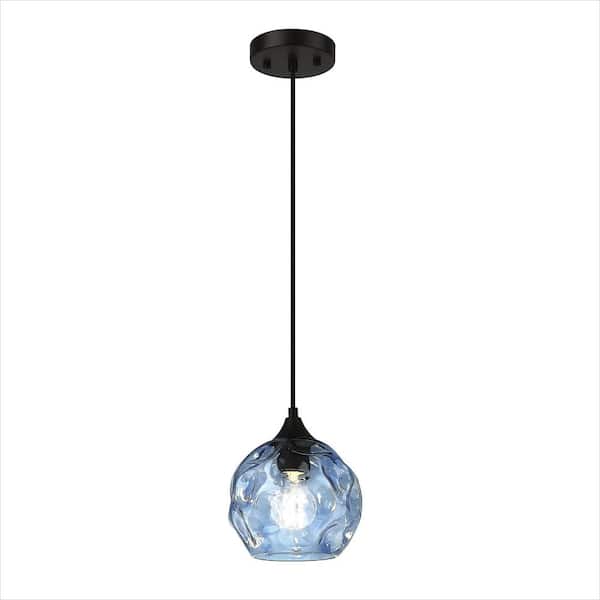 60-Watt 1 Light Blue Shaded Pendant Light with Hammered Glass Shade, No Bulbs Included