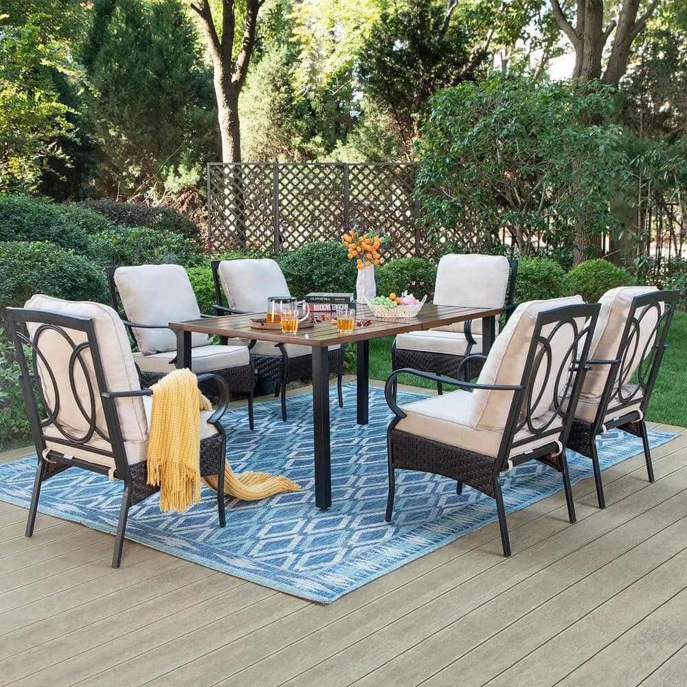 PHI VILLA 7-Piece Metal Patio Outdoor Dining Set with Brown Rectangle ...