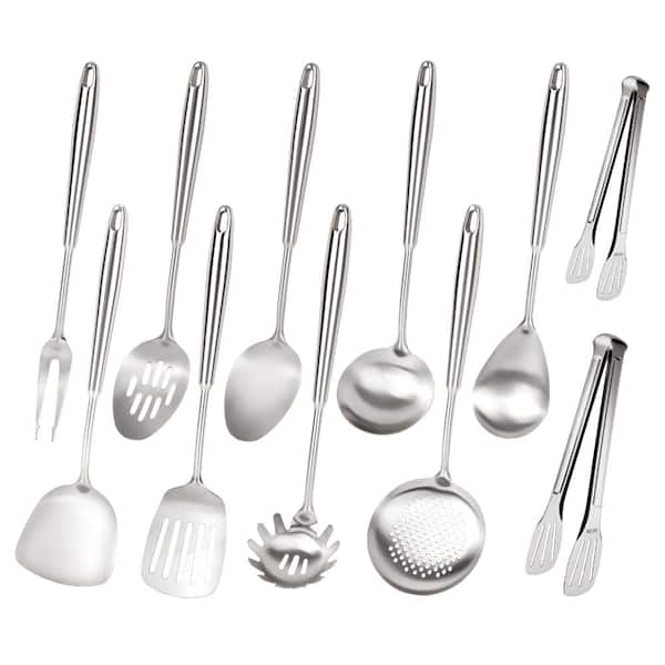 11-Piece 304 Stainless Steel Cooking Utensils Set with Tongs, Turner, Ladle, Spoons, Meat Fork and More