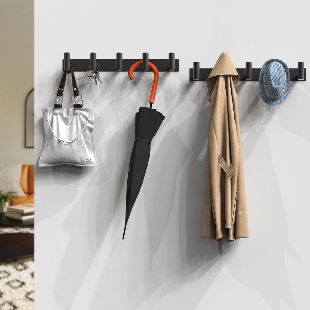 Black Wall Mounted Hat and Coat Rack with 5-Hooks for Robes, Bags, Keys, an