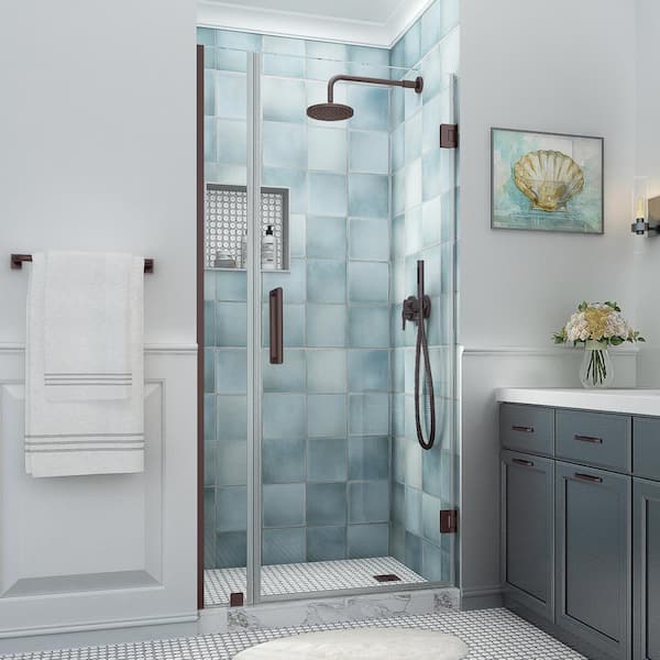 Aston Belmore XL 31.25 - 32.25 in. W x 80 in. H Frameless Hinged Shower Door with Clear StarCast Glass in Bronze