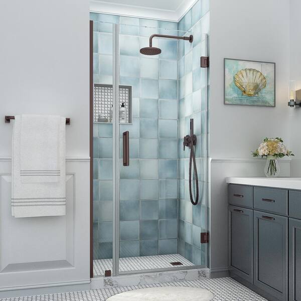 Aston Belmore XL 36.25 - 37.25 in. W x 80 in. H Frameless Hinged Shower Door with Clear StarCast Glass in Bronze