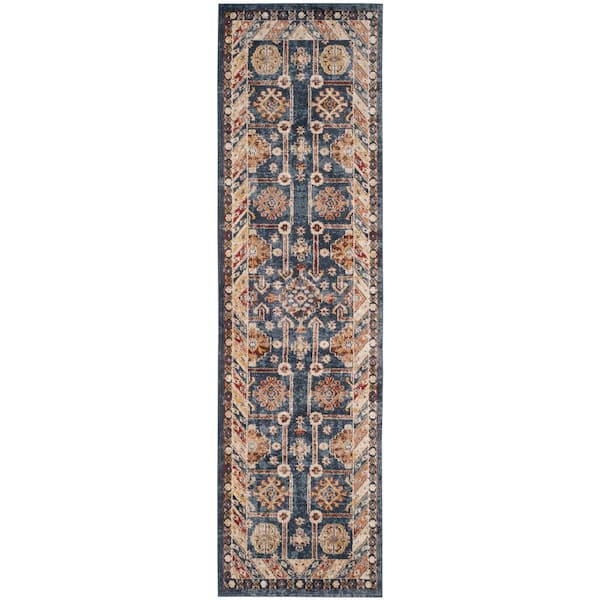 Bijar 2 ft. x 22 ft. Royal/Ivory Border Distressed Runner Rug