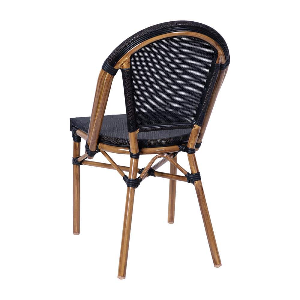 Black and Natural Armless Stacking Bistro Chairs with Metal Frame, Set of 2