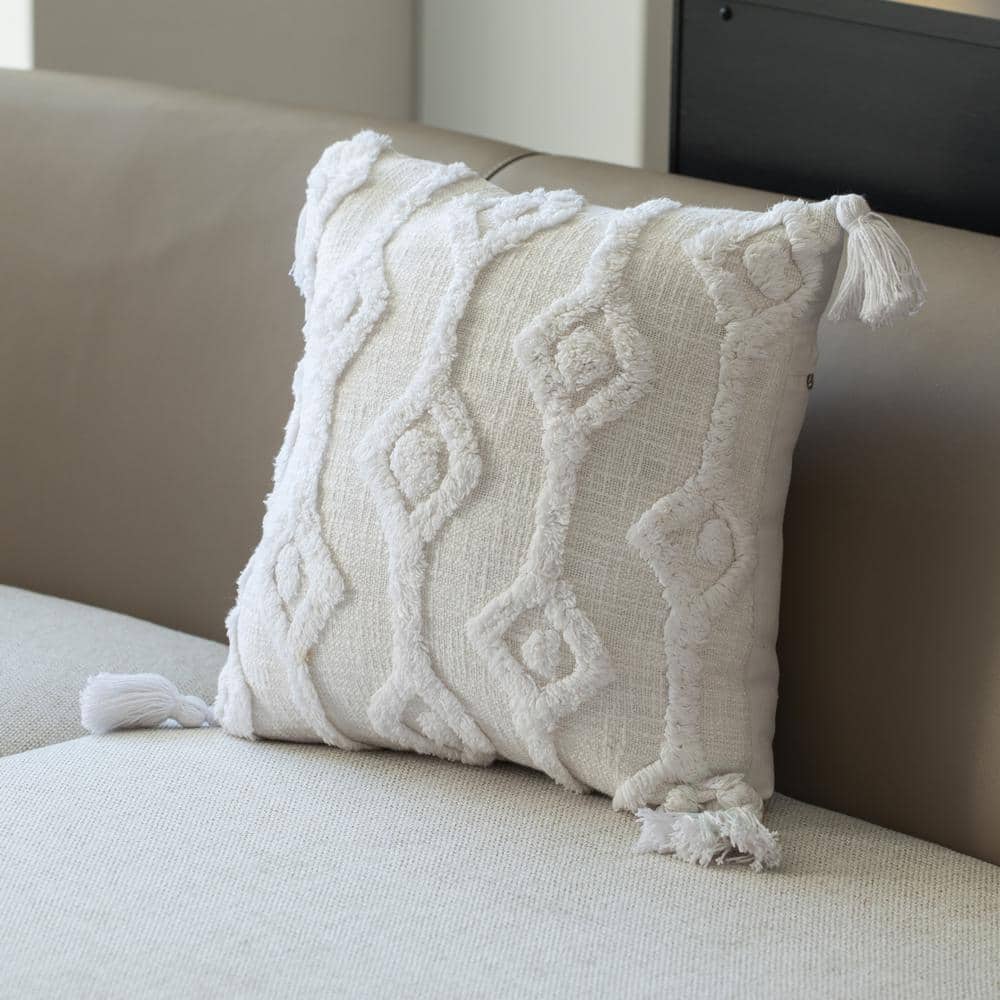 16" White Handwoven Cotton Throw Pillow with Tassels