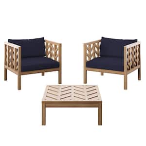 3-Piece Acacia Outdoor Conversation Set with Navy Cushions