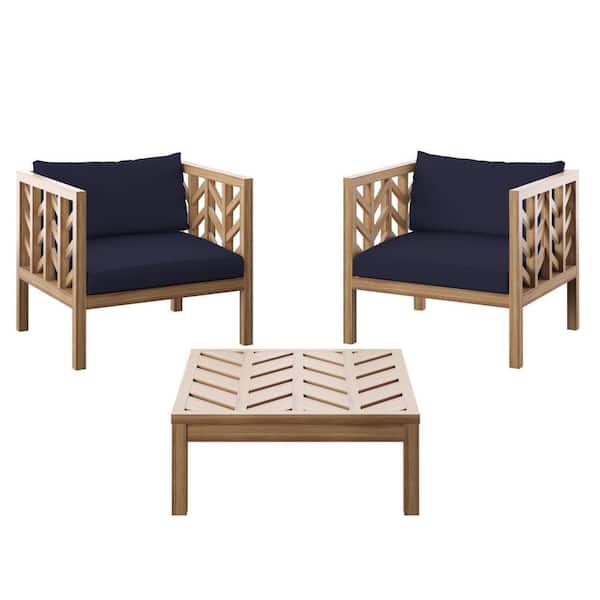 TK CLASSICS 3-Piece Acacia Outdoor Conversation Set with Navy Cushions