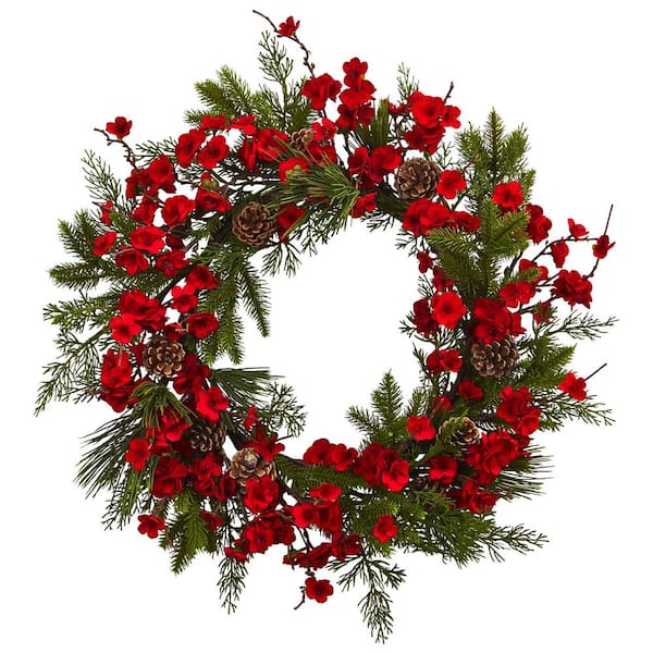 Nearly Natural 24 in. Artificial Plum Blossom Pine Wreath
