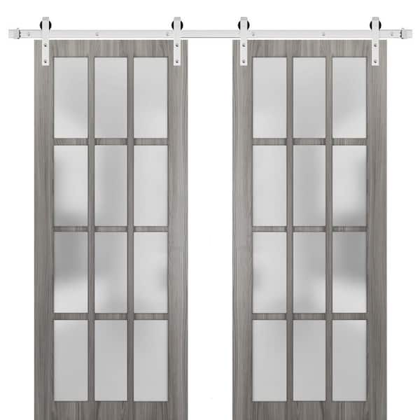 Sartodoors 30 in. x 80 in. 2 Panel Frosted Glass White Solid Wood Sliding Barn Door with Hardware Kit
