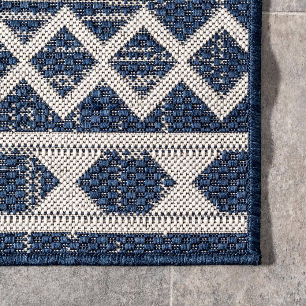 Navy and Ivory Synthetic Diamond Pattern Runner Rug, 2' x 8'
