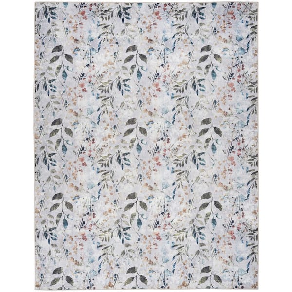 Nourison Washables Grey Multicolor 6 ft. x 9 ft. Botanical Traditional Area Rug