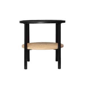 17.75 in. Black Round Metal Accent Table with Tray-Style Top and Handwoven Bamboo Shelf