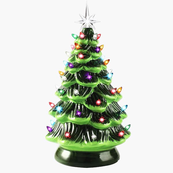 JOYIN 9.7 in. Tall GreenandWhite Ceramic Pre-Lit Tabletop Christmas Tree