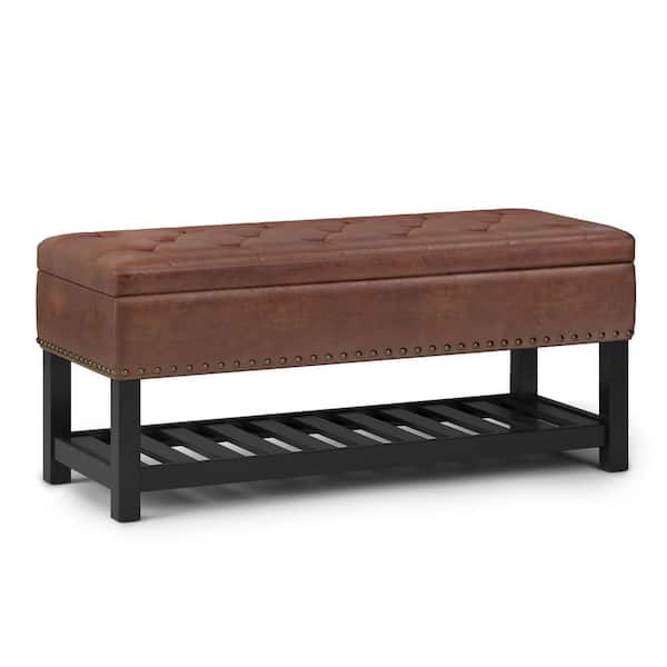 Simpli Home Lomond Distressed Saddle Brown Storage Ottoman Bench