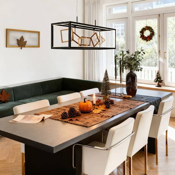 Modern 27.8 in. 8-Light Integrated LED Matte Black and Satin Gold Island Chandelier with Rectangle Cage for Dining Room