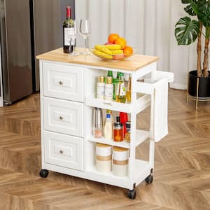 White Kitchen Islands with Storage Lockable Utility Kitchen Carts On Wheels with Countertop Drawer Open Shelves