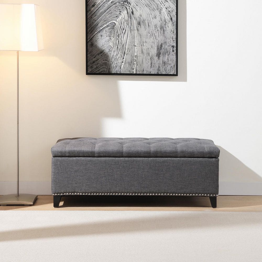 Albert Dark Grey Tufted Linen Fabric Upholstered Rectangle Accent Ottoman Bench with Storage and Safety Close Hinge