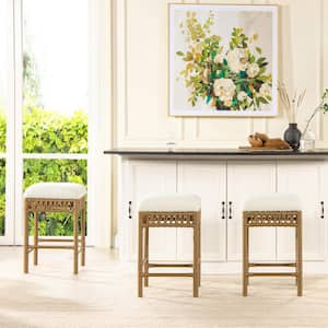 Lucia 25.5 in. Ivory White Upholstered Backless Resin Rattan Counter Stool with Boucle Seat