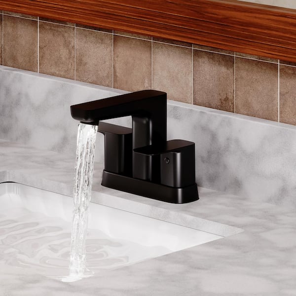 Deck Mounted Double Handle Bathroom Faucet with Drain Kit and Included 4 in. Bathroom Sink Faucet in Matte Black