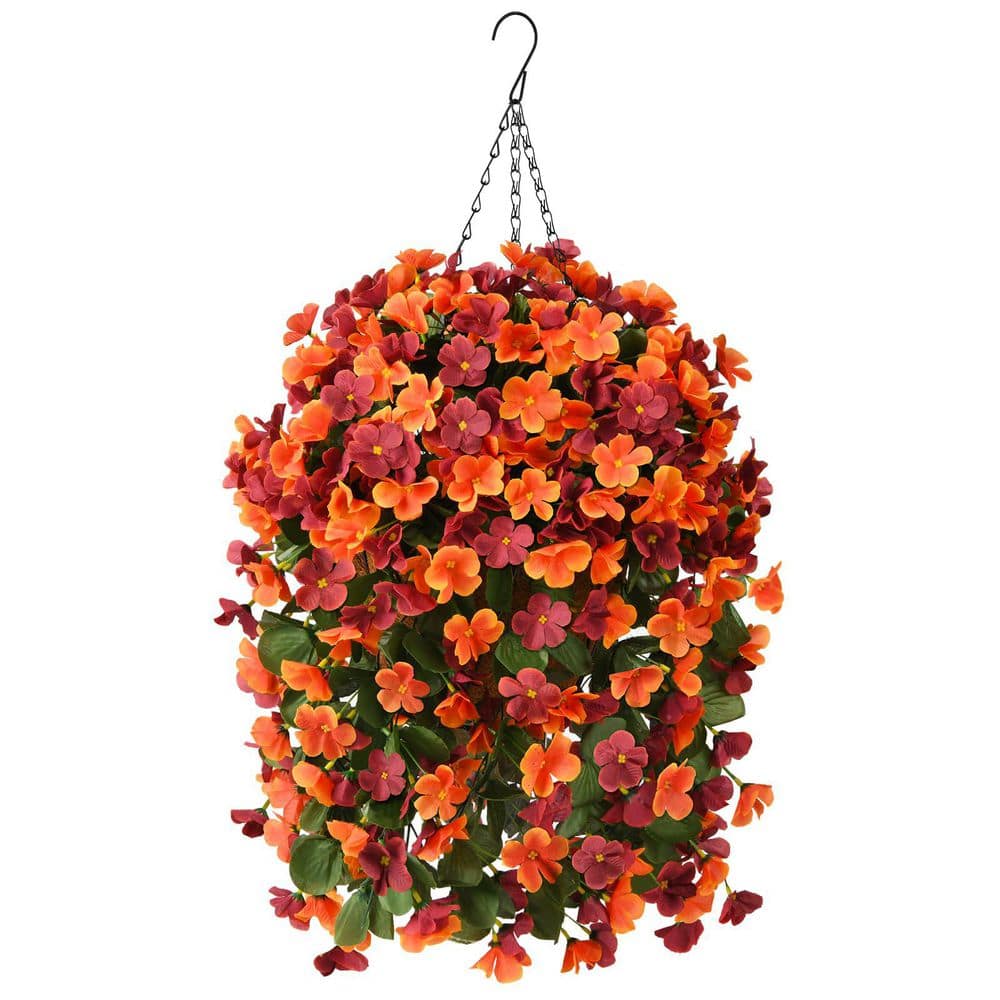 24.8 in. Orange Brown Artificial Hanging Begonia Flowers in Basket for Home