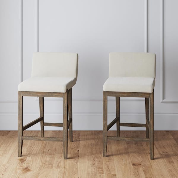 Gracie 24 in. Modern Counter Height Wood Bar Stool w/ Back, Textured Linen Upholstery, Cream Boucle/Dark Brown, Set of 2