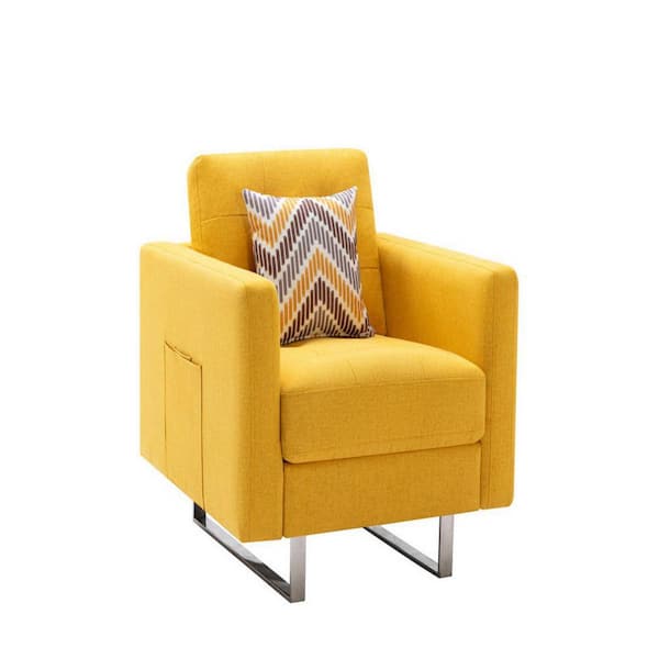 Benjara Yellow and Silver Fabric Accent Chair with Metal Legs