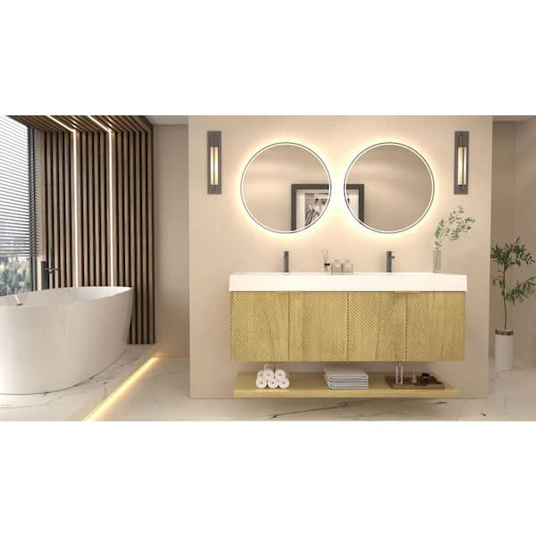 Stella 59 in. W x 20 in. D x 22 in. H Double Sink Teak Oak Bath Vanity with White Acrylic Top Floating Lower Shelf