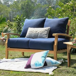 Caterina Teak Wood Outdoor Loveseat with Navy Cushion