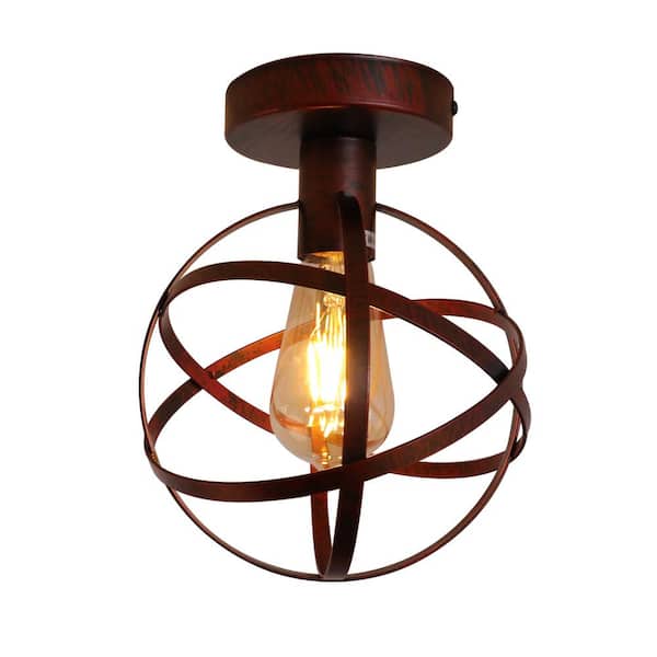 LamQee 7.9 in. 1-Light Red Copper Wrought Iron Globe Semi-Flush Mount Light with Spherical Metal Strap Shade