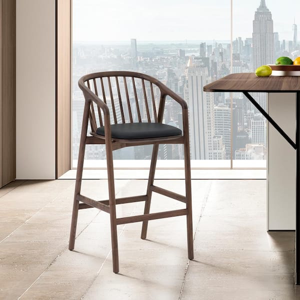 Armen Living Echo 28 in. Black Open Back Walnut Wood Bar Stool With Faux Leather Seat