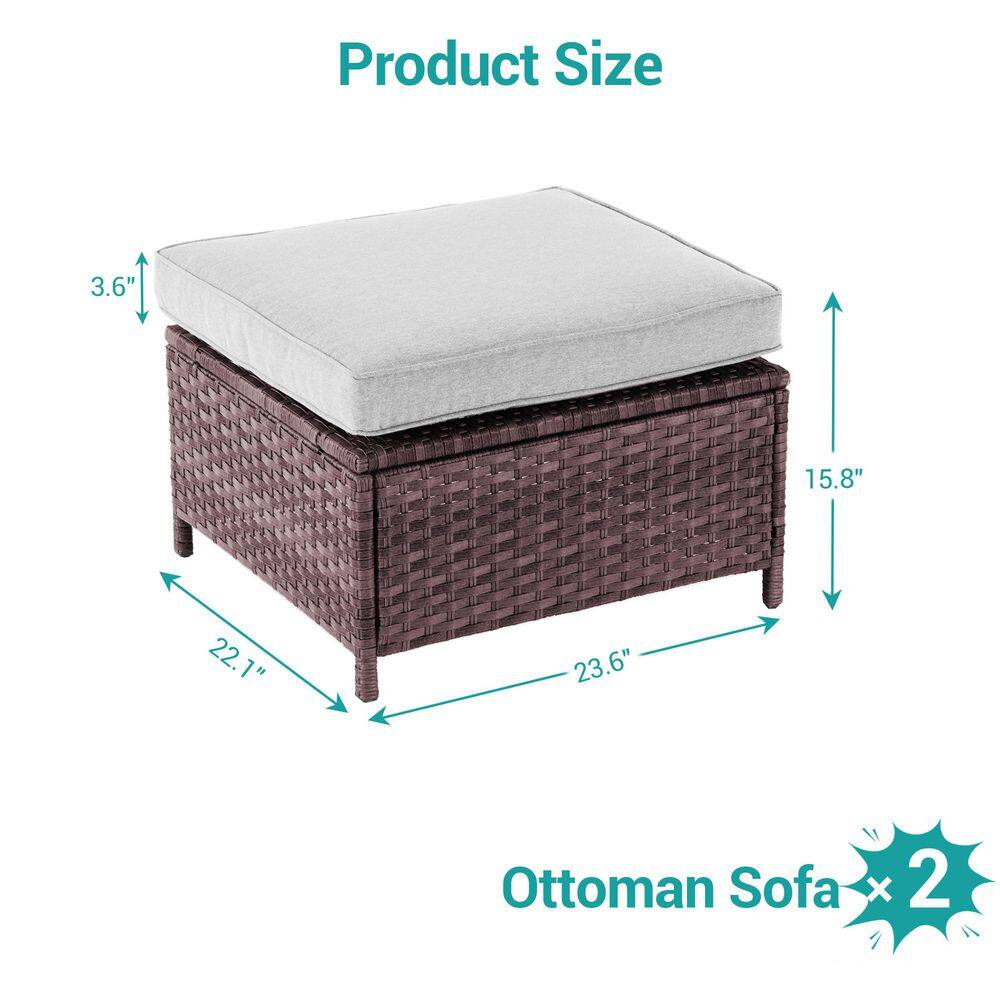 Measurement diagram of a brown wicker ottoman with a gray cushion.
