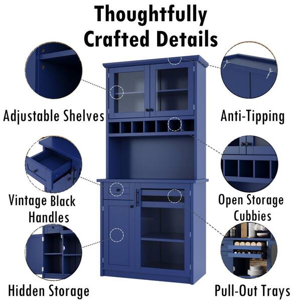 Modern Blue Wood 35.4 in. W Buffet with Hutch, Drawer and Glass Door