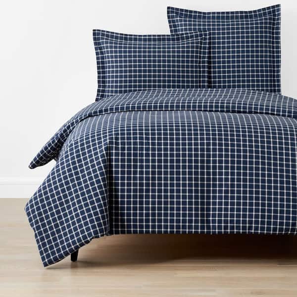 The Company Store Company Cotton Windowpane Yard-Dyed White/Navy Twin Cotton Percale Duvet Cover