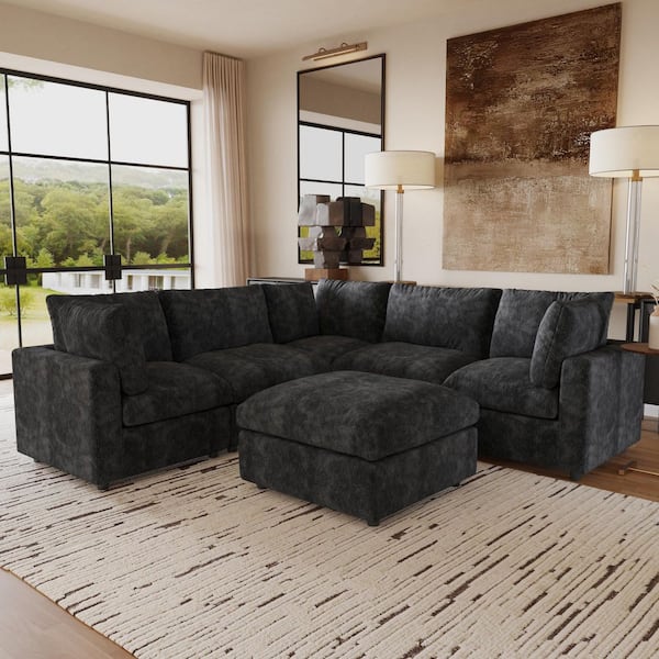 100 in. Square Arm 6-Piece Chenille L-Shaped Modualr Sectional Sofa Corner Couch with Ottoman for Gathering in. Black