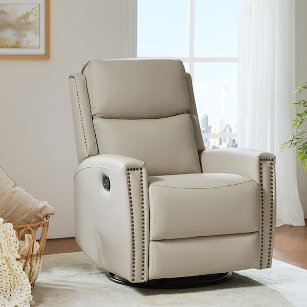 ARTFUL LIVING DESIGN Savino Minimalist design 30.31 in. Wide Genuine Leather Swivel Rocker Recliner with Nailhead Trim and Tufted Back -Beige