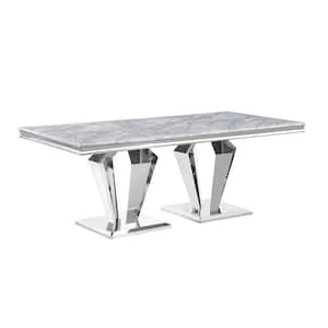 Crownie Silver Faux Marble 79 in. L Double Pedestal Rectangle Dining Table (Seats 6)